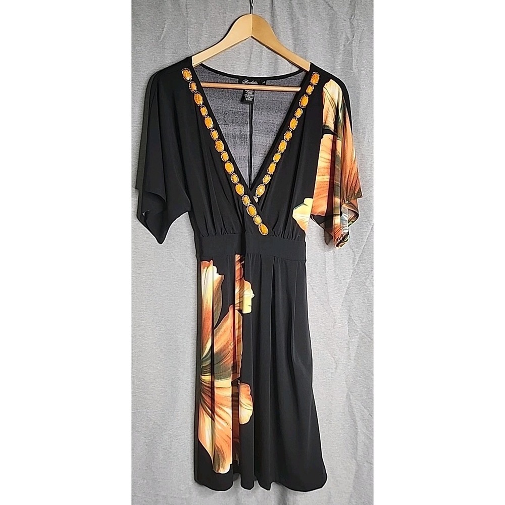 Roulette Black Floral Surplice Dress Orange Stone Neckline Kimono Sleeve Large